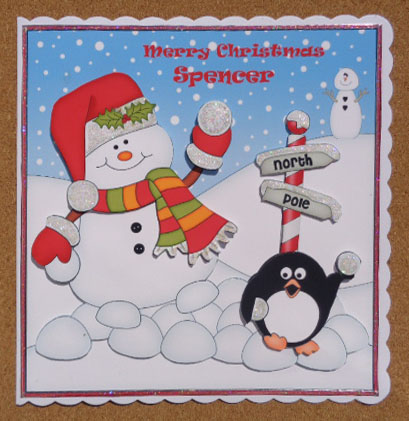 8 x 8 Christmas Snowman Oli Snowball Scalloped Corner Topper by Linda Short