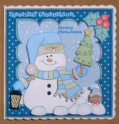 8 x 8 Christmas Snowman Oli's Xmas Tree Scalloped Topper by Linda Short