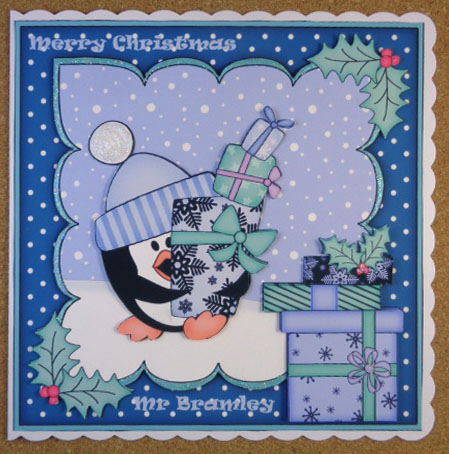 8x8 Xmas Pip Penguin's Presents Scalloped Corner Topper by Linda Short