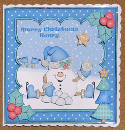 8 x 8 Christmas Skating Snowball Sam Scalloped Corner Topper by Linda Short