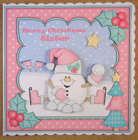 8 x 8 Christmas Skating Snowball Sam Scalloped Corner Topper by Linda Short