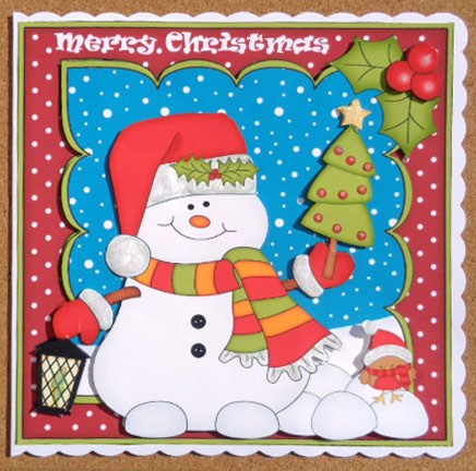 8 x 8 Christmas Snowman Oli's Xmas Tree Scalloped Topper by Linda Short