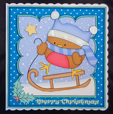 8 x 8 Christmas Sledging Bobbin Robin Scalloped Corner by Linda Short