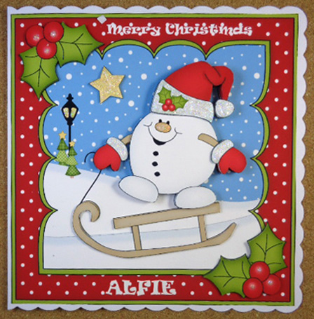 8x8 Christmas Sledging Snowball Sam Mini Kit 3D Decoupage by Linda Short