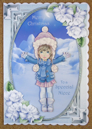 Big Hugs in Winter Card Front with Roses and Gift Tag by Linda Short