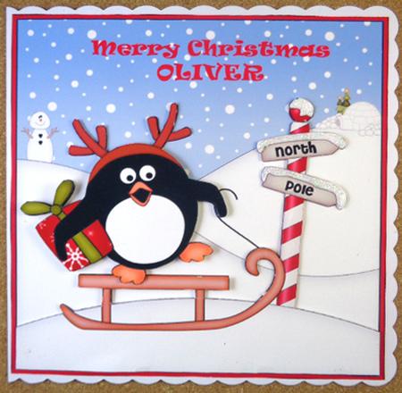 8 x 8 Christmas Sledging Pip Penguin Scalloped Corner Topper by Linda Short
