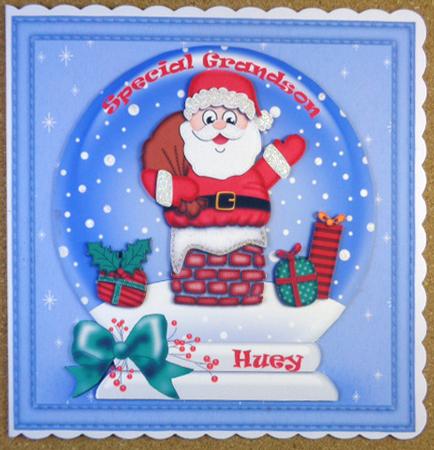 8 x 8 Xmas Santa Got Stuck Snowglobe Scalloped Corner by Linda Short