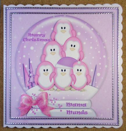 8 x 8 Xmas Penguins Snowglobe Scalloped Corner by Linda Short