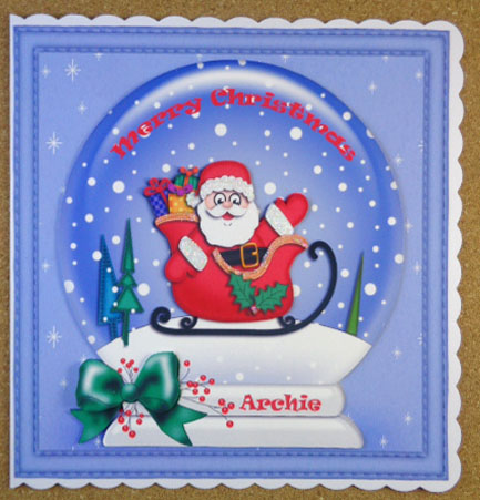8 x 8 Xmas Santa N Sleigh Snowglobe Scalloped Corner by Linda Short