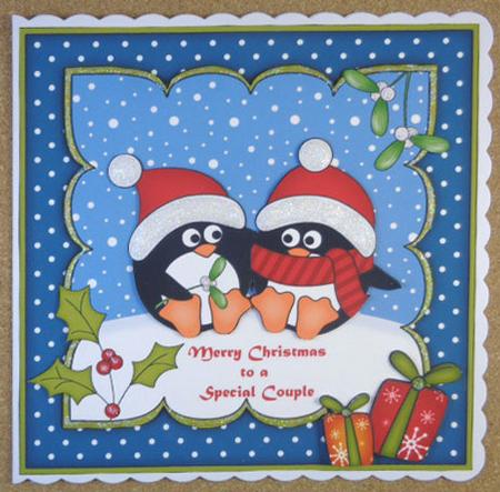 8x8 Xmas Penguin Love Scalloped Corner Topper by Linda Short