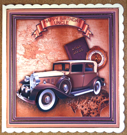 Vintage Gold Car and Compass Decoupage 8in x 8in Decoupage by Linda Short