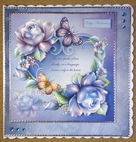 Blue Rose, Butterfly and Heart 7x7 Card with Decoupage by Linda Short