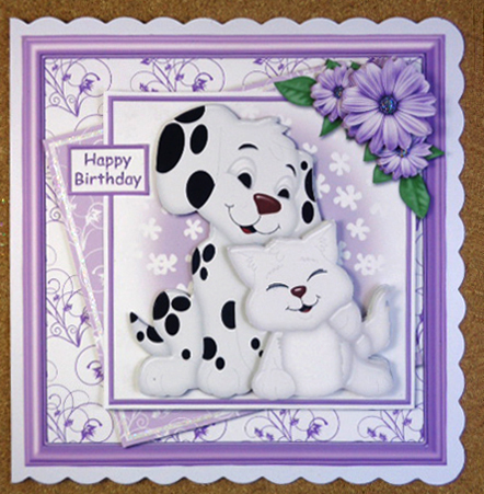 Puppy and Kitten Lilac Layered Panels Card Front by Linda Short
