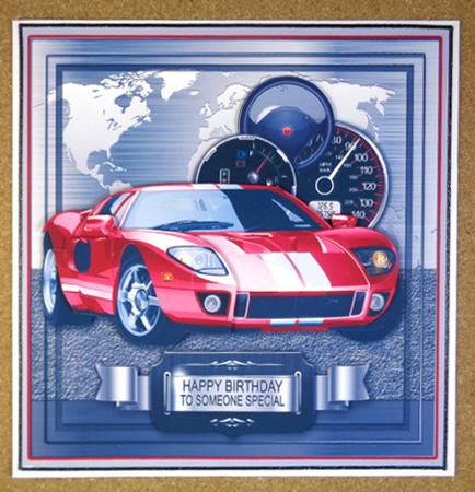 Super Red Sports Car on a Silver World Map 8x8 Decoupage Kit by Linda Short