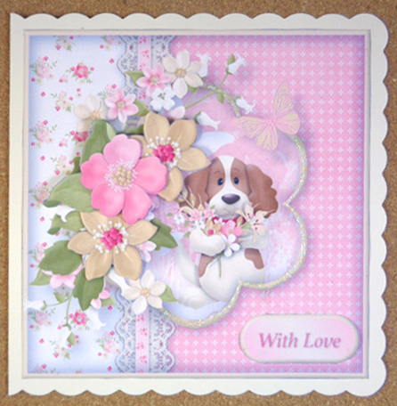Doggie and Flowers with Lace Decoupage Card Front by Linda Short