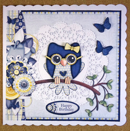 Happy Owl Cardtopper Blue 825 by Linda Short