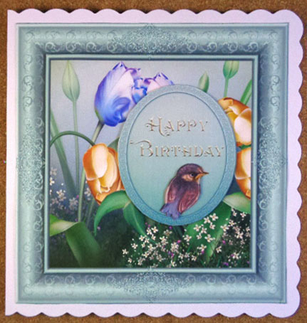 Tulips and Sparrow Birthday Card Front by Linda Short