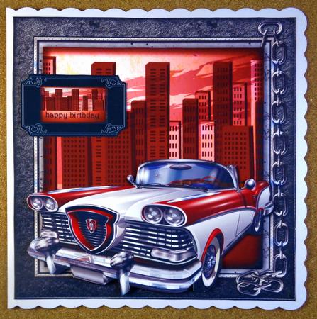 Male Card Topper & Tags Vintage Car Red&grey by Linda Short