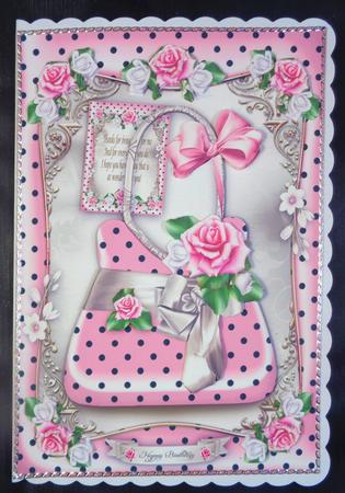 Pink Polka Dot Handbag with Roses Card by Linda Short
