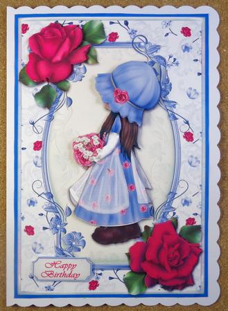 Girl with Flowers in Blue Card Front by Linda Short