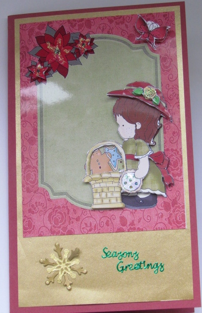 Little Girl with Christmas Basket in Dark Green Frame by Linda Walker