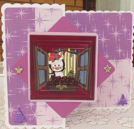 Cute Christmas Penguin at Window Square Pyramid 4 by Linda Walker