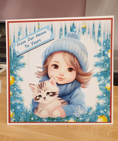 Lovely Little Girl With Her Kitten In The Snow 8x8 (Four) by Linda Willcocks