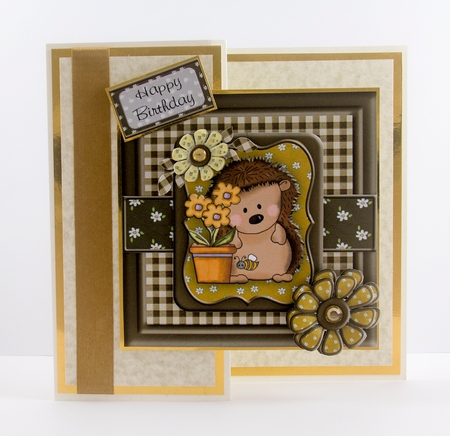 Hedgehog and Flowers Brown Square Layered Card Topper by Lisa Bird