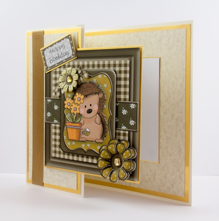 Hedgehog and Flowers Brown Square Layered Card Topper by Lisa Bird