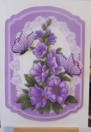 Lilac flowers with butterflies on lace bracket quick card by Lisa Howett