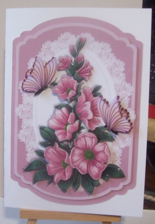 rose pink flowers with butterflies on lace bracket quick card by Lisa Howett
