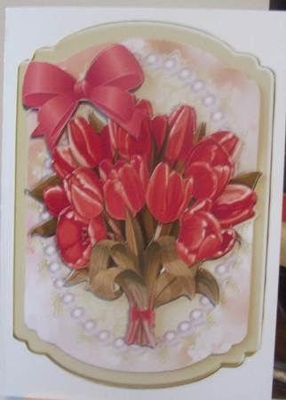 pretty red tulips with bow & pearls bracket card by Lisa Howett