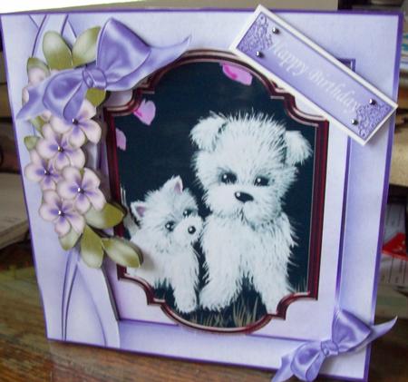 Cute Little Westies with Flowers in Lilac Frame 8x8 by Lisa Howett
