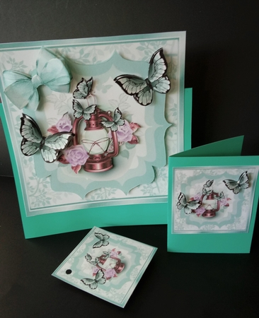 Pretty lamp with flowers/roses and turq butterflies 8x8 by Lisa Lee