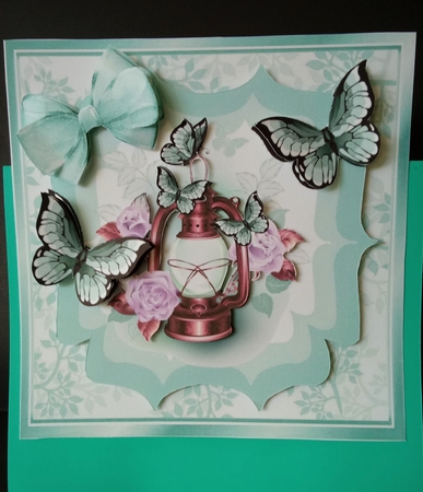 Pretty lamp with flowers/roses and turq butterflies 8x8 by Lisa Lee