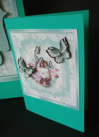 Pretty lamp with flowers/roses and turq butterflies 8x8 by Lisa Lee