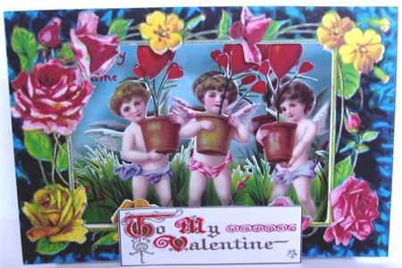 Valentine Cherub Trio with Hearts Theater Card by Liz Chapman