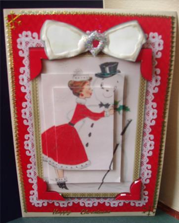 Mummy Kissing Snowman A5 Lace Card Front Step by Step by Liz Chapman