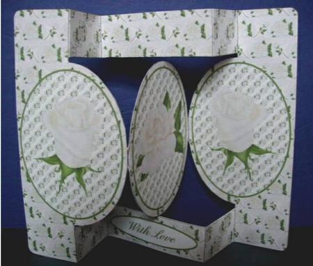 White Rose Oval Folded Pop Out Card. by Liz Chapman