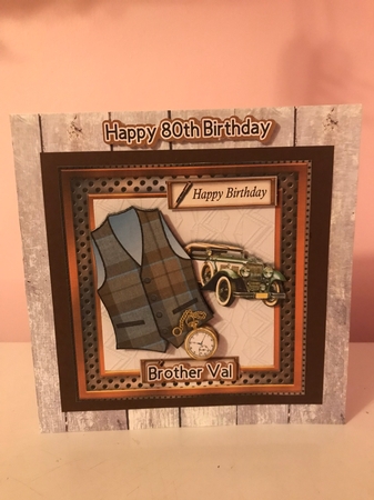 Male birthday card in wooden frame with Outlander style tartan waistcoat,pocket watch and vintage car topper for 6x6 card by Liz Kiely