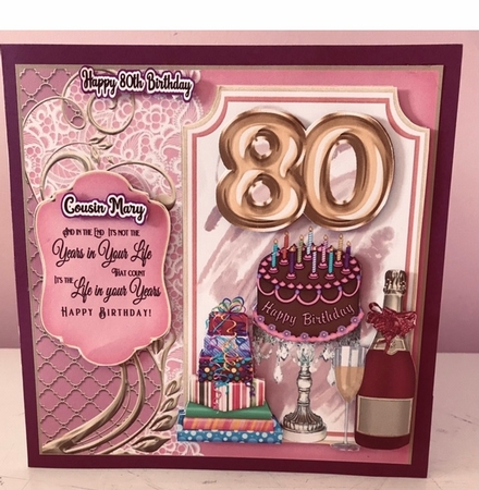 Age 80 Champagne,cake and presents card front by Liz Kiely