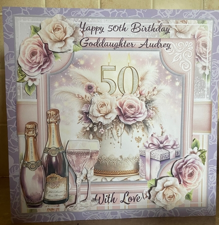 Floral 50th Birthday Cake Card Front With Decoupage  by Liz Kiely