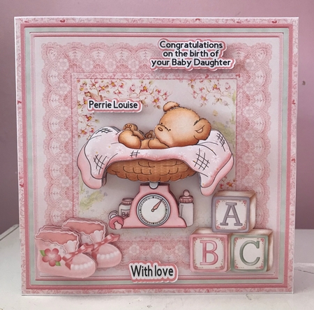 New Baby Girl Bear on Scales Mini Kit & Decoupage by Liz Kiely