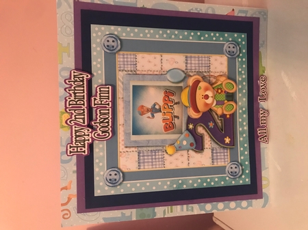 300dpi 6 x 6ins Topper & decoupage,Blue, clown, grandson 2nd Birthday, or own choice by Liz Kiely