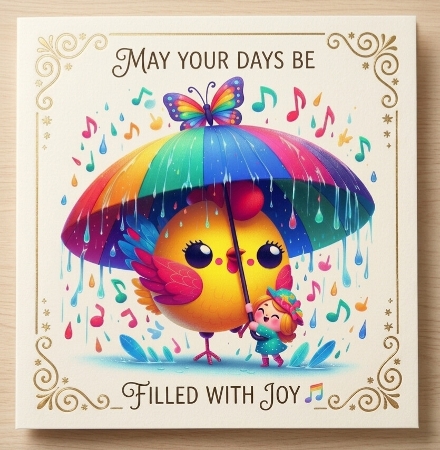 Singing Bird and Girl with Rainbow Umbrella by Liz Rayner