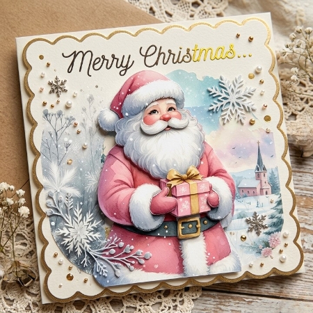 Pastel Pink Santa and Mrs Claus Snowy Christmas by Liz Rayner