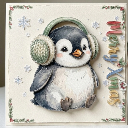 Cute Christmas penguin and raccoon – 2 Printable Holiday Card Fronts by Liz Rayner