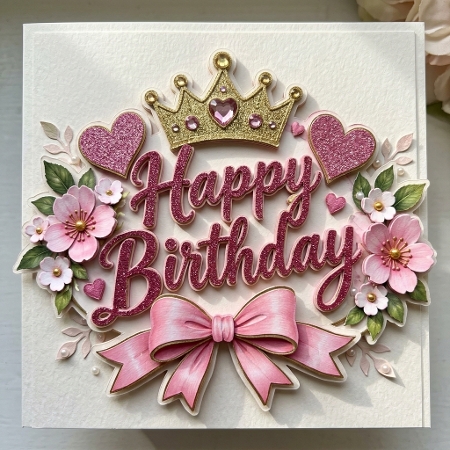 Pink Glitter Princess Crown Happy Birthday Round Cake Topper Printable by Liz Rayner