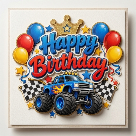 Monster Truck Happy Birthday Round Cake Topper by Liz Rayner