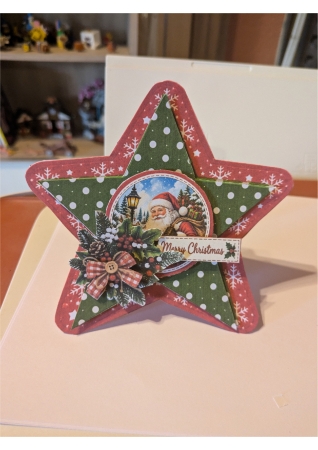 Santa Christmas Star Card • Snowy Village & Festive Red‑Green Layers by Sabine Llorens